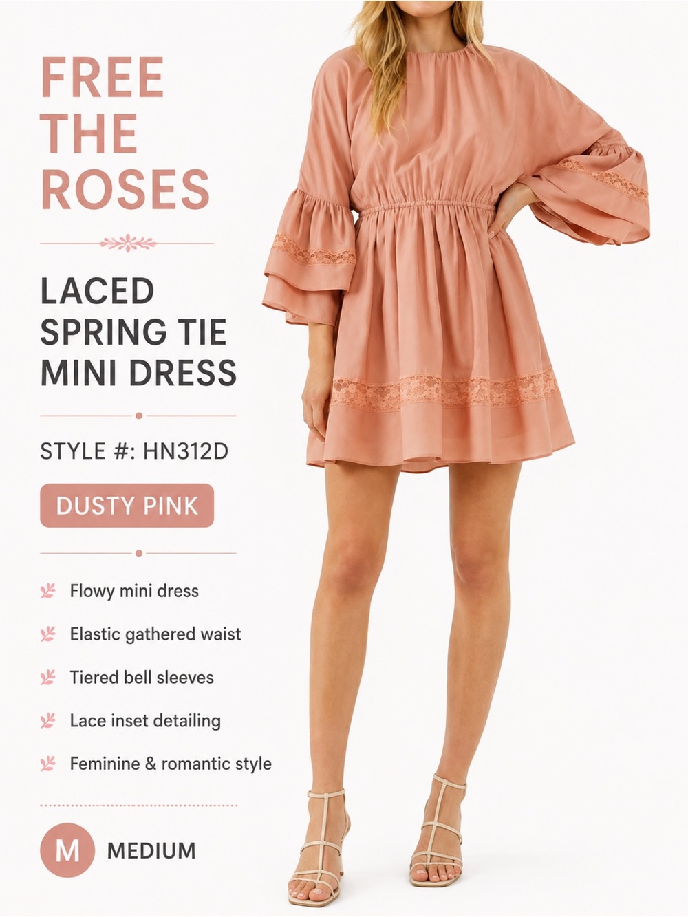 Free The Roses Lace Spring Tie Mini Dress Dusty Pink Medium HN312D
